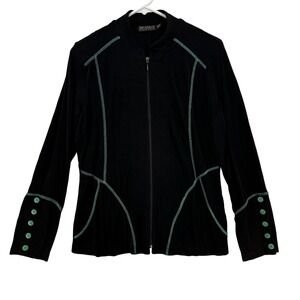 Picadilly Fashions Jacket‎ Womens Small Black Green Zip Up Button Cuff Retro Top